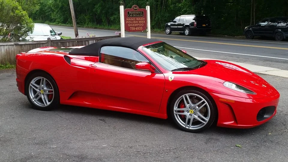 Professional full detail on a red Ferrari at Professional Car Detailing in Locust Valley, NY